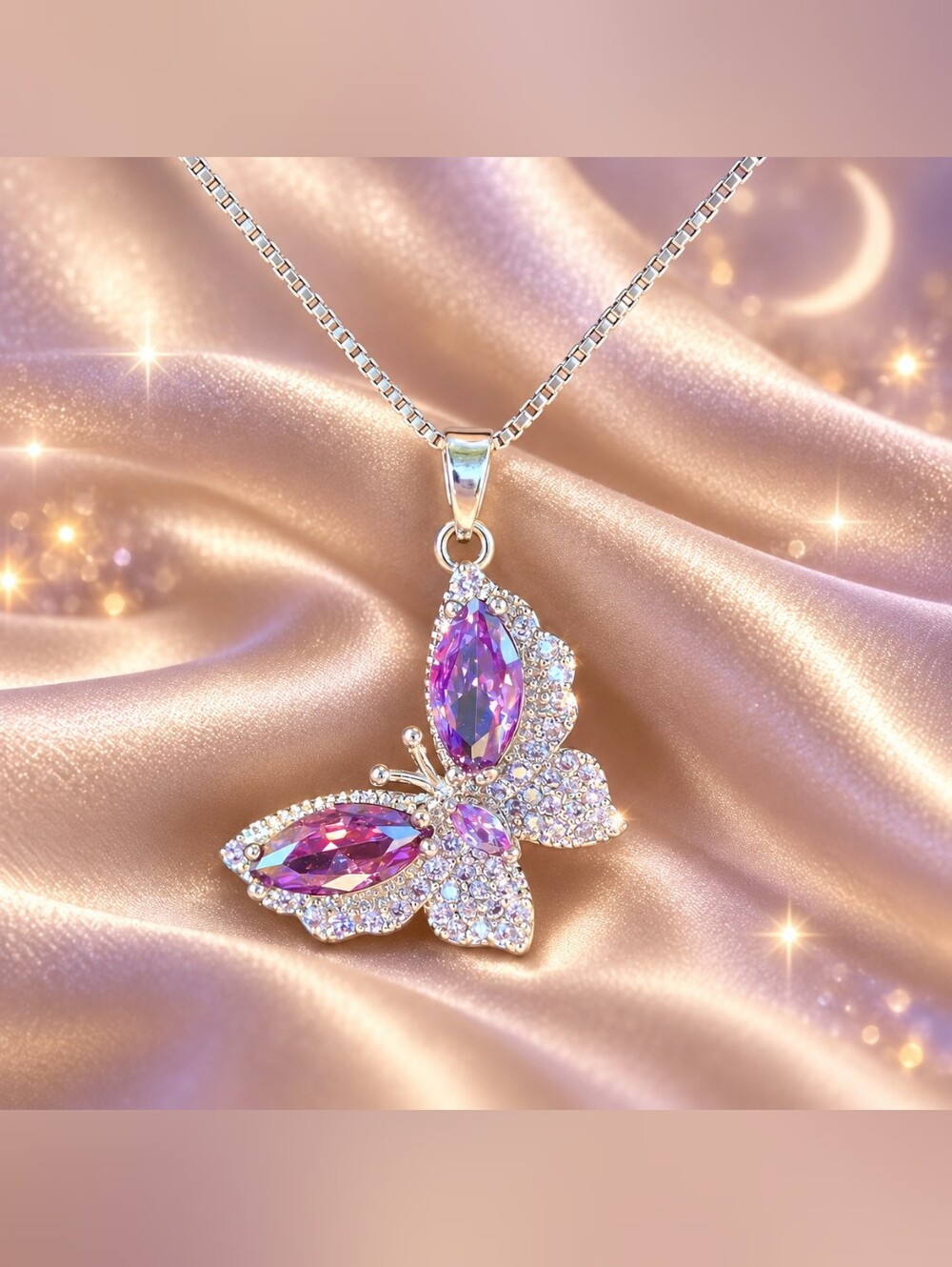 Elegant Purple Butterfly Pendant 925 Sterling Chain - Women Jewelry